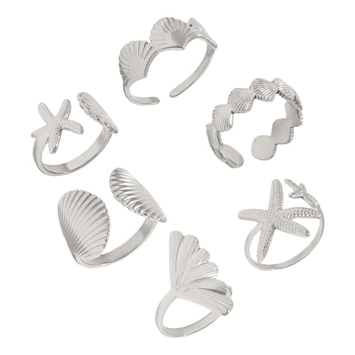 Klaisy 6-teiliges Set mit offenen Gelenkringen, Seesterne, Muschel-Design, stabile Legierung, verstellbare Ringe, Geschenk-Set, Freundin, Schwester, Geschenk-Set, Einheitsgröße, Wie beschrieben, Wie von Klaisy