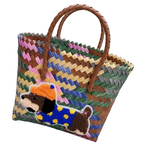 Klaisy Einzigartige gewebte Tasche mit Dackel-Motiv, Retro-Streifen, großes Fassungsvermögen, praktische Handtasche für Arbeit oder Freizeit, gewebte Strandtasche von Klaisy