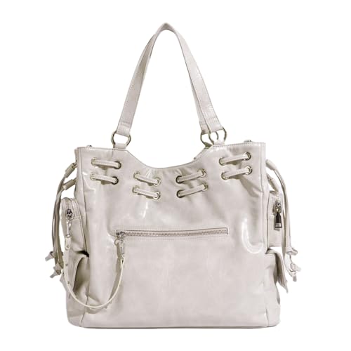 Klaisy Modische große Unterarmtasche mit Nieten-Design Kordelzug Crossbody Taschen Damen Leder Handtaschen für den täglichen Gebrauch Retro Handtasche, grau, One Size von Klaisy