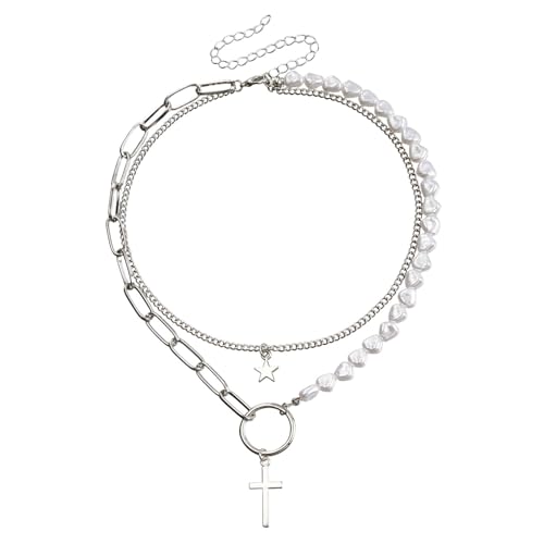 Klaisy Süßer Cooler Sternkreuz Anhänger Halskette Perle Perle Spleißschloss Kette Für Frauen Hip Hop Doppelschicht Halskreuz Halskette von Klaisy