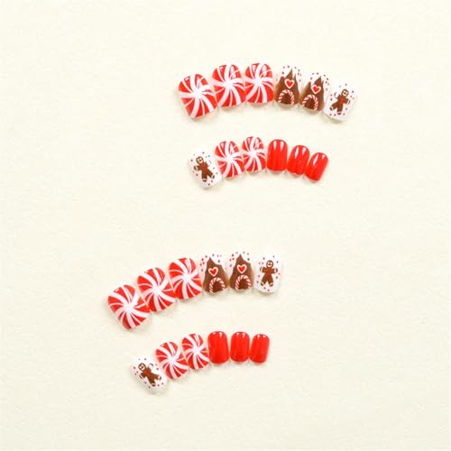 Lebkuchenmann, künstliche Nägel, Weihnachten, zum Aufdrücken, kurze Mandel, volle Abdeckung, zum Aufkleben, künstliche Nägel für Damen von Klaisy