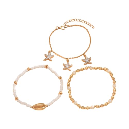 Modisches Strand-Fußschmuck-Set, 3 Stile, Muschel-Fußkettchen mit Seestern und Glasperlen, Akzent-Fußkettchen für Damen, Einheitsgröße, Wie beschrieben von Klaisy