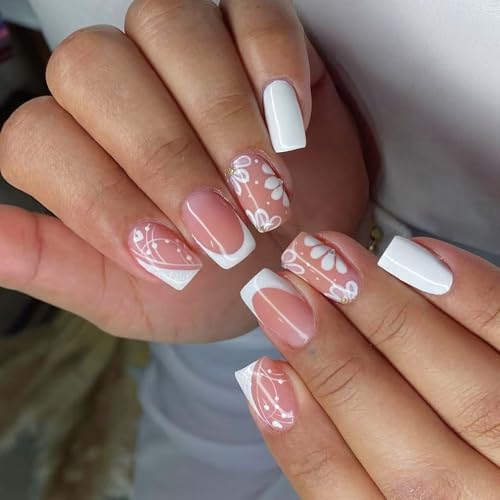 Quadratische Nägel zum Aufdrücken, glänzendes Design, französische künstliche Acrylkleber für Damen, Sarg, Mandel, französische Spitze von Klaisy