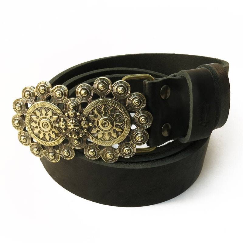 Ledergürtel Mit Handgemachter Messingschnalle Doppel Sonne, Pagan Dekorative Solar Symbol Gürtelschnalle Auf 1, 5 Zoll Für Frauen von Klamra