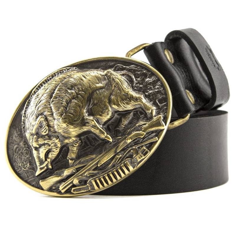 Ledergürtel Mit Massiver Messingschnalle Wildschweinjagd, Handgefertigter Jäger Herrengürtel, Geschenk Lässiger Männer von Klamra