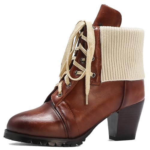 Klarmar Ankle Strickented Stiefel Damen Schnüren Stiefeletten Leisure Blockabsatz Biker Stiefeletten Retro Comfy Stiefel Gelb Gr 40 EU/41 von Klarmar