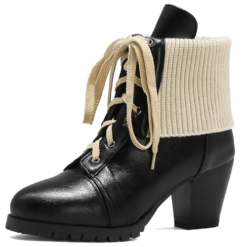 Klarmar Ankle Strickented Stiefel Damen Schnüren Stiefeletten Leisure Blockabsatz Biker Stiefeletten Retro Comfy Stiefel Schwarz Gr 40 EU/41 von Klarmar