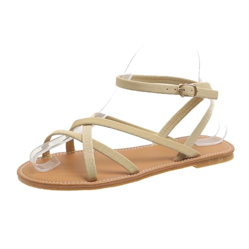 Klarmar Basic Flach Schuhe Damen Sommer Strand Römersandalens Runde Zehen Strappy Leisure Sommer Sandales Beige Gr 39 EU/40 von Klarmar