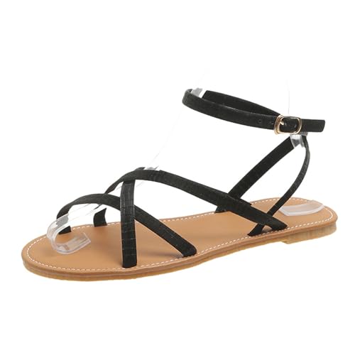 Klarmar Basic Flach Schuhe Damen Sommer Strand Römersandalens Runde Zehen Strappy Leisure Sommer Sandales Schwarz Gr 37 EU/38 von Klarmar