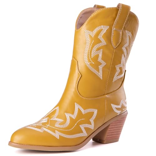 Klarmar Bestickt Halbschaft Damen Blockabsatz Westernstiefel Cowboy Draußen Leisure Ohne Verschluss Klassische Reitstiefel Gelb Gr 51 EU/53 von Klarmar