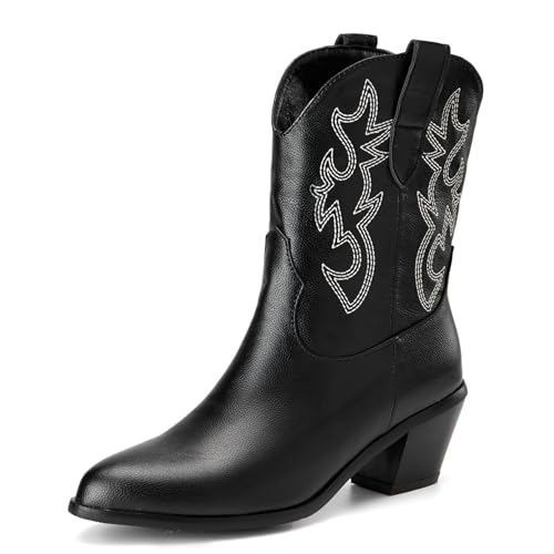 Klarmar Bestickt Halbschaft Damen Blockabsatz Westernstiefel Cowboy Draußen Leisure Ohne Verschluss Klassische Reitstiefel Schwarz Gr 37 EU/38 von Klarmar