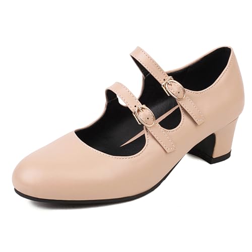 Klarmar Blockabsatz Mary Jane Damen Runde Zehen Schnalle Schuhe Two Strap Party Mode Prom Mitte Absatz Aprikose Gr 34 EU von Klarmar