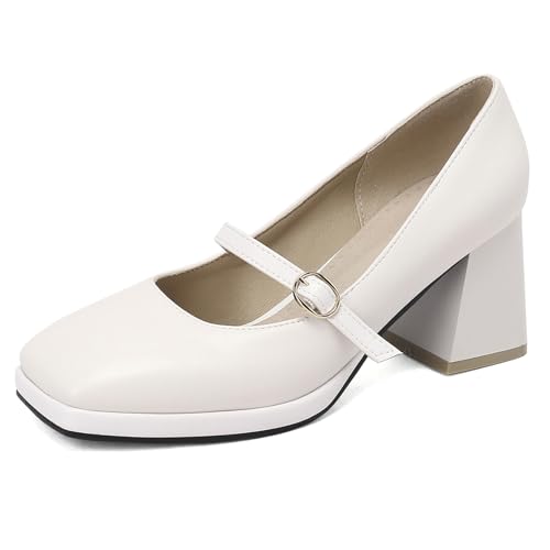 Klarmar Blockabsatz Pump Damen Prom Pumps Square Toe Knöchelriemchen Mid Chunky Heel Mode Beige Gr 36 EU von Klarmar