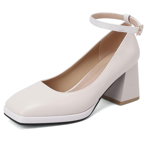 Klarmar Blockabsatz Pump Damen Prom Pumps Square Toe Knöchelriemchen Mid Chunky Heel Mode Beige Gr 46 EU/48 von Klarmar