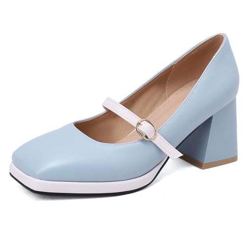 Klarmar Blockabsatz Pump Damen Prom Pumps Square Toe Knöchelriemchen Mid Chunky Heel Mode Blau Gr 40.5 EU/42 von Klarmar