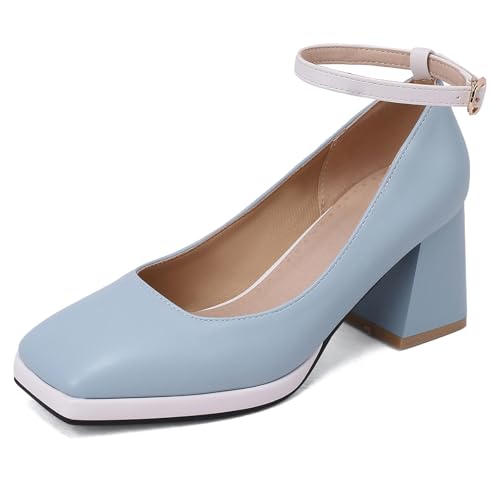 Klarmar Blockabsatz Pump Damen Prom Pumps Square Toe Knöchelriemchen Mid Chunky Heel Mode Blau Gr 40.5 EU/42 von Klarmar