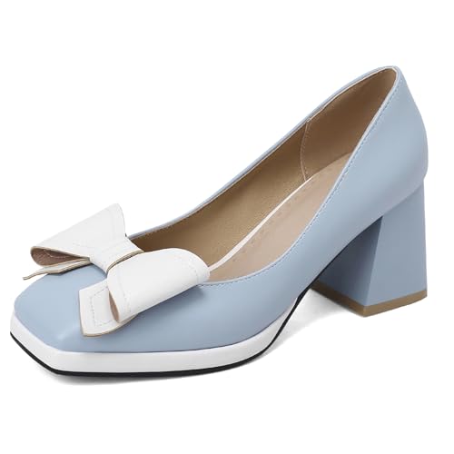 Klarmar Blockabsatz Pump Damen Prom Pumps Square Toe Knöchelriemchen Mid Chunky Heel Mode Blau Gr 45 EU/47 von Klarmar