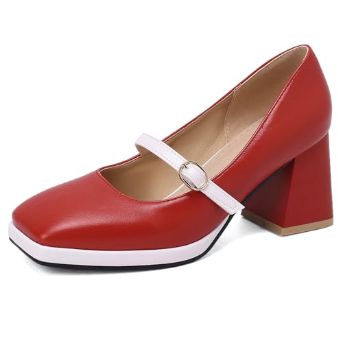 Klarmar Blockabsatz Pump Damen Prom Pumps Square Toe Knöchelriemchen Mid Chunky Heel Mode Rot Gr 33 EU von Klarmar