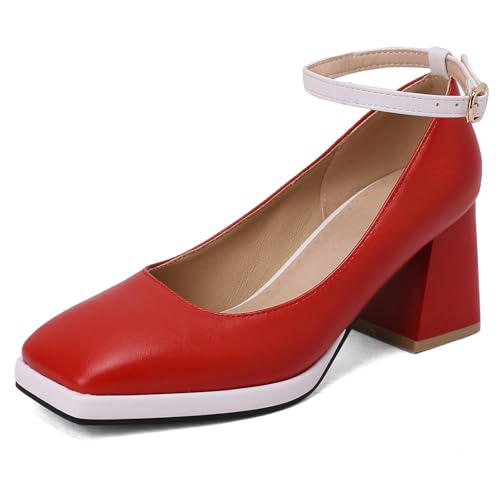 Klarmar Blockabsatz Pump Damen Prom Pumps Square Toe Knöchelriemchen Mid Chunky Heel Mode Rot Gr 39 EU/40 von Klarmar