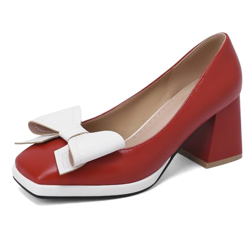 Klarmar Blockabsatz Pump Damen Prom Pumps Square Toe Knöchelriemchen Mid Chunky Heel Mode Rot Gr 46 EU/48 von Klarmar