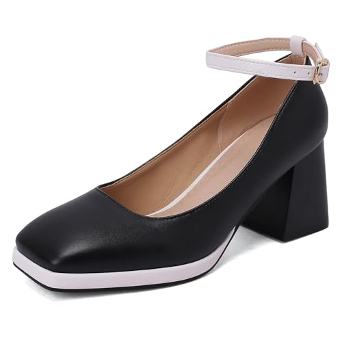 Klarmar Blockabsatz Pump Damen Prom Pumps Square Toe Knöchelriemchen Mid Chunky Heel Mode Schwarz Gr 36 EU von Klarmar