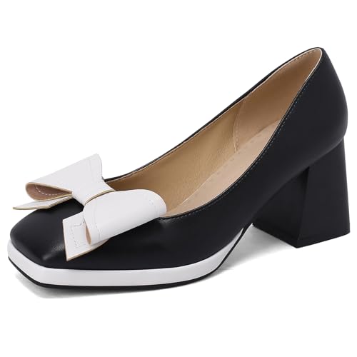 Klarmar Blockabsatz Pump Damen Prom Pumps Square Toe Knöchelriemchen Mid Chunky Heel Mode Schwarz Gr 38 EU/39 von Klarmar