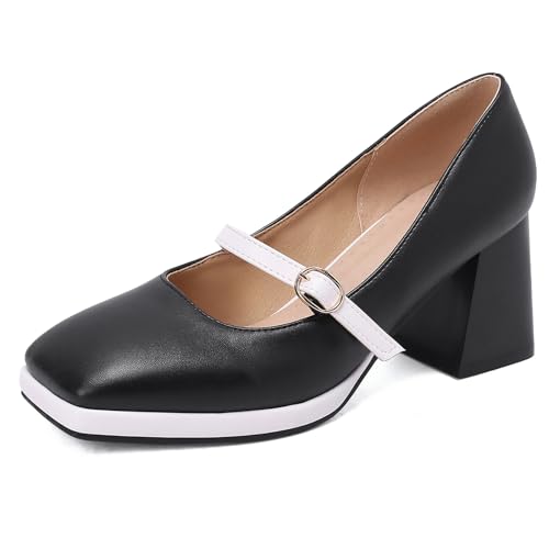 Klarmar Blockabsatz Pump Damen Prom Pumps Square Toe Knöchelriemchen Mid Chunky Heel Mode Schwarz Gr 42 EU/44 von Klarmar