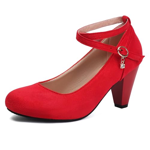 Klarmar Blockabsatz Pump Damen Strap Bogen Prom Schuhe Mode Prom Formal Schuhe Runde Zehen Rot Gr 40.5 EU/42 von Klarmar