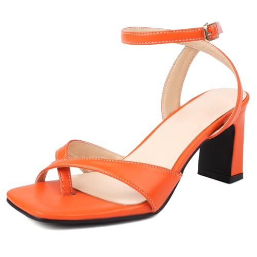 Klarmar Blockabsatz Sandals Damen Knöchelriemchen Bride Schuhe Square Offene Zeh Büro-Sandales Elegant Party Slingback Orange Gr 40.5 EU/42 von Klarmar