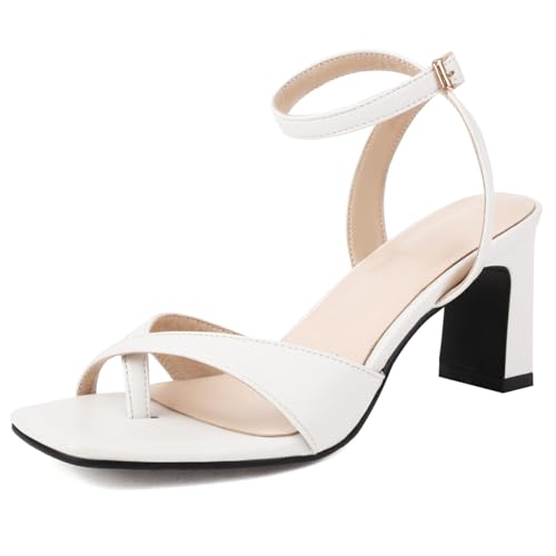 Klarmar Blockabsatz Sandals Damen Knöchelriemchen Bride Schuhe Square Offene Zeh Büro-Sandales Elegant Party Slingback Weiß Gr 40.5 EU/42 von Klarmar