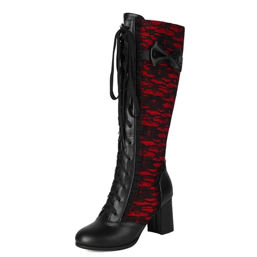 Klarmar Blockabsatz Stiefel Damen Schnüren Party Kniehohe Stiefel Party Blumen Spitze Bogen Rot Gr 40 EU/41 von Klarmar
