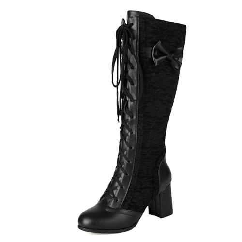 Klarmar Blockabsatz Stiefel Damen Schnüren Party Kniehohe Stiefel Party Blumen Spitze Bogen Schwarz Gr 38 EU/39 von Klarmar