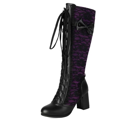 Klarmar Blockabsatz Stiefel Damen Schnüren Party Kniehohe Stiefel Party Blumen Spitze Bogen Violett Gr 35 EU von Klarmar