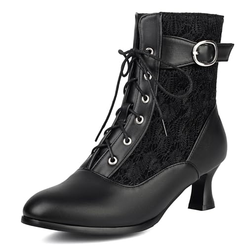 Klarmar Bridal Stiefeletten Damen Schnüren Kitten Kurzschaft Stiefel Retro Party Blumen Blockabsatz Stiefel Schwarz Gr 40 EU/41 von Klarmar