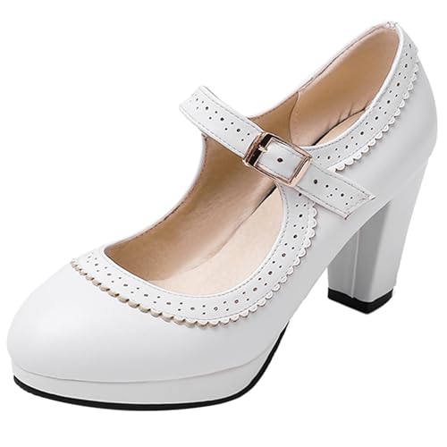 Klarmar Buro Block High Schuhe Damen Brogue Mary Jane Schnalle Runde Zehen Klassische Party Weiß Gr 41 EU/43 Klarmar Buro Block High Schuhe Damen Brogue Mary Jane Schnalle Runde Zehen Klassische Party Weiß Gr 41 EU/43 von Klarmar