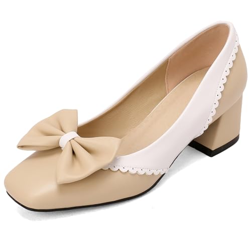 Klarmar Buro Klassische Schuhe Damen Bogen Block Schuhe Bogen Mid Chunky Heel Prom Pumps Party Aprikose Gr 46 EU/48 von Klarmar