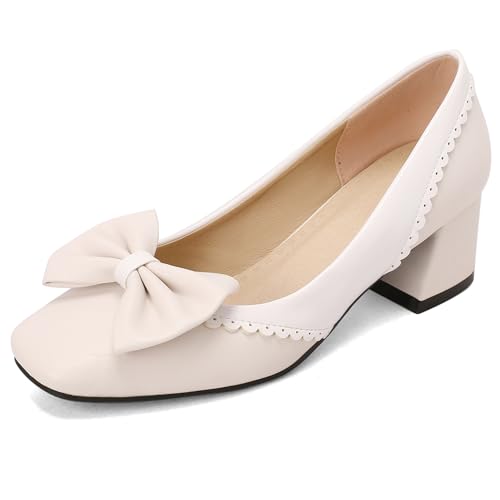 Klarmar Buro Klassische Schuhe Damen Bogen Block Schuhe Bogen Mid Chunky Heel Prom Pumps Party Beige Gr 35 EU von Klarmar