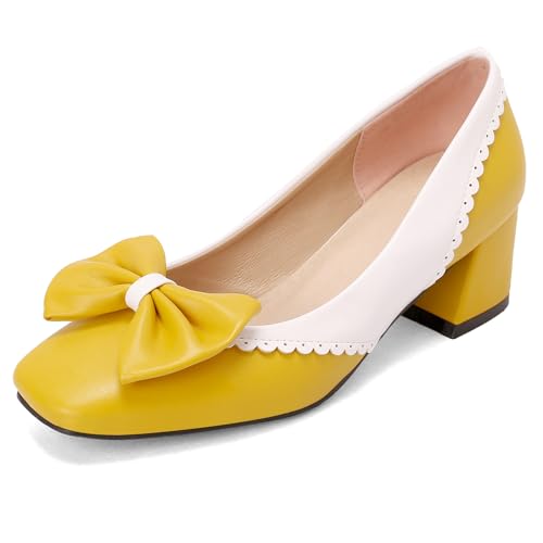 Klarmar Buro Klassische Schuhe Damen Bogen Block Schuhe Bogen Mid Chunky Heel Prom Pumps Party Gelb Gr 36.5 EU/37 von Klarmar