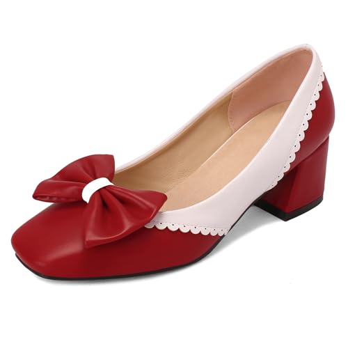 Klarmar Buro Klassische Schuhe Damen Bogen Block Schuhe Bogen Mid Chunky Heel Prom Pumps Party Rot Gr 46 EU/48 von Klarmar