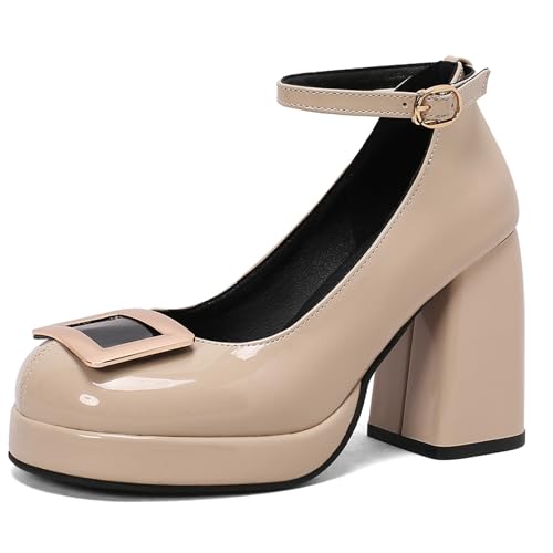 Klarmar Chunky Höhe Ferse Schuhe Damen Plateau Knöchelriemchen Geschlossen Knöchelriemchen Elegant Party Prom Pumps Beige Gr 37 EU/38 von Klarmar