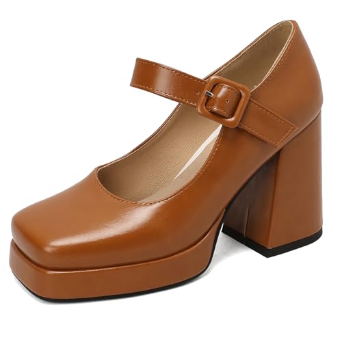 Klarmar Chunky Höhe Ferse Schuhe Damen Plateau Knöchelriemchen Geschlossen Knöchelriemchen Elegant Party Prom Pumps Braun Gr 40 EU/41 von Klarmar