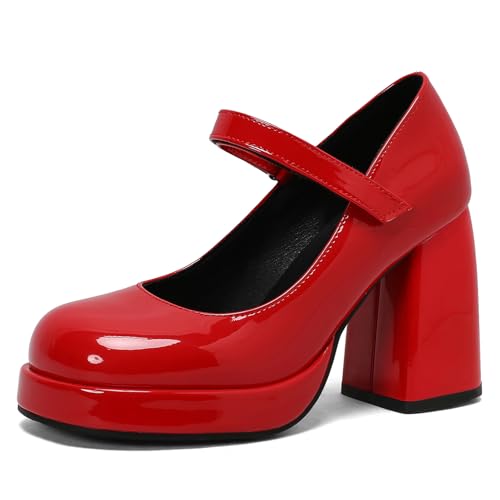 Klarmar Chunky Höhe Ferse Schuhe Damen Plateau Knöchelriemchen Geschlossen Knöchelriemchen Elegant Party Prom Pumps Rot Gr 34 EU von Klarmar