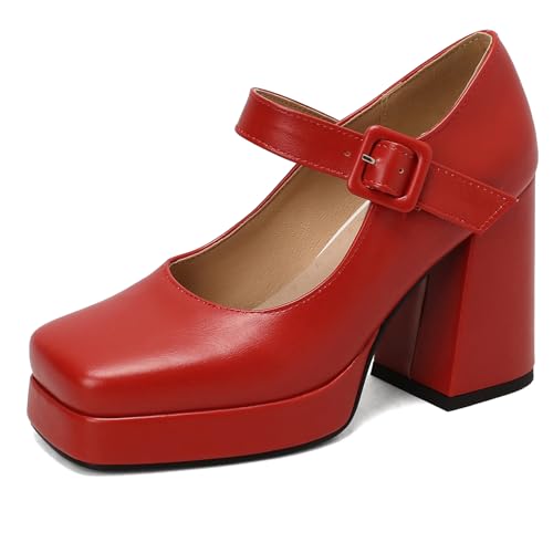 Klarmar Chunky Höhe Ferse Schuhe Damen Plateau Knöchelriemchen Geschlossen Knöchelriemchen Elegant Party Prom Pumps Rot Gr 34 EU von Klarmar