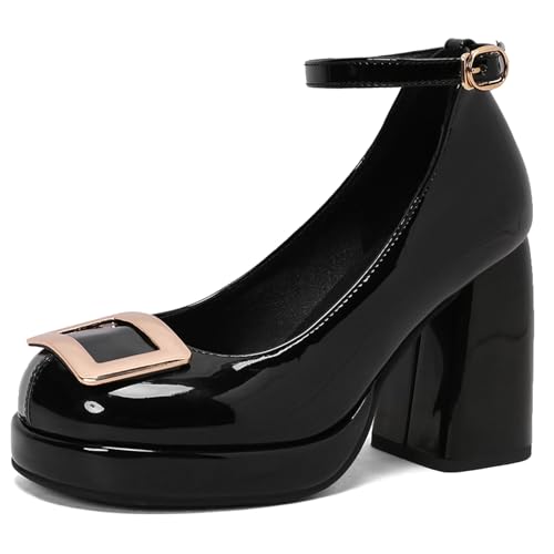 Klarmar Chunky Höhe Ferse Schuhe Damen Plateau Knöchelriemchen Geschlossen Knöchelriemchen Elegant Party Prom Pumps Schwarz Gr 35 EU von Klarmar