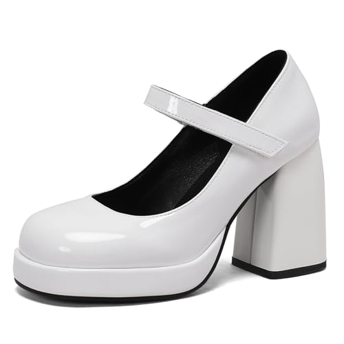 Klarmar Chunky Höhe Ferse Schuhe Damen Plateau Knöchelriemchen Geschlossen Knöchelriemchen Elegant Party Prom Pumps Weiß Gr 38 EU/39 von Klarmar