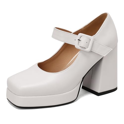 Klarmar Chunky Höhe Ferse Schuhe Damen Plateau Knöchelriemchen Geschlossen Knöchelriemchen Elegant Party Prom Pumps Weiß Gr 39 EU/40 von Klarmar