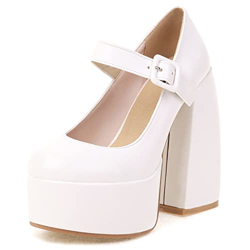 Klarmar Chunky Schuhe Mary Jane Damen Plateau Pump Damen Runde Zehen Mode Knöchelriemchen Höhe Ferse Pumpe Bridal Weiß Gr 33 EU/21.5CM von Klarmar