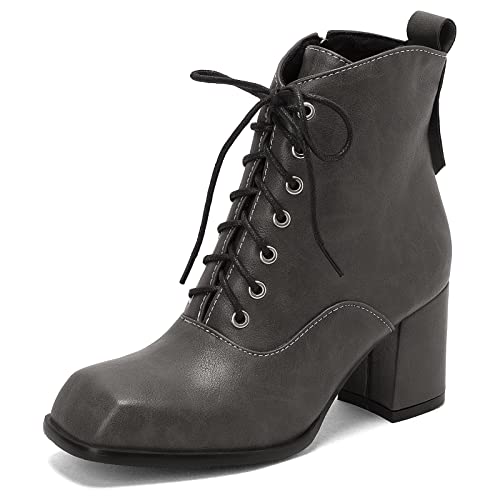 Klarmar Damen Block Stiefel Stiefeletten Square Toe Schnüren Mode Anzugstiefel Retro Motorradstiefel Chunky Stiefel Draußen Grau Gr 46 EU/48 Asiatisch/29CM von Klarmar