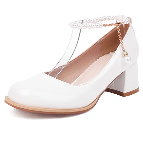 Klarmar Damen Blockabsatz Lack Mary Jane Knöchelriemchen Pumps Bride Elegant Runde Zehen Party Beaded Hochzeit Schuhe Weiß Gr 39 EU/40 CN/25CM von Klarmar