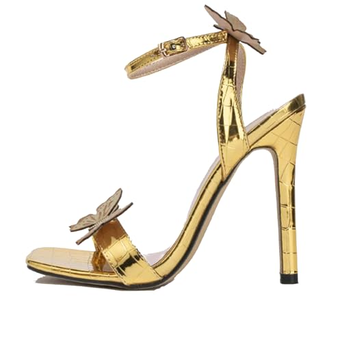 Klarmar Damen Butterfly High Sandalen Sommer Knöchelriemchen Stilettos Elegant Hochzeit Prom High Sandalen Square Toe Gold Gr 38 EU/39 von Klarmar